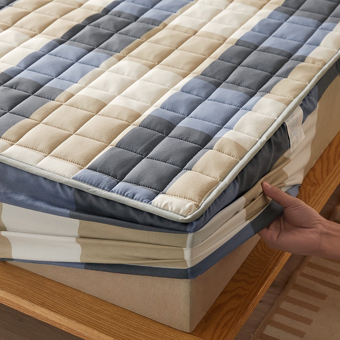 91家纺网 家纺一手货源 找家纺 胜权家纺 2024新款亲肤夹棉格子防水床笠 蓝大格