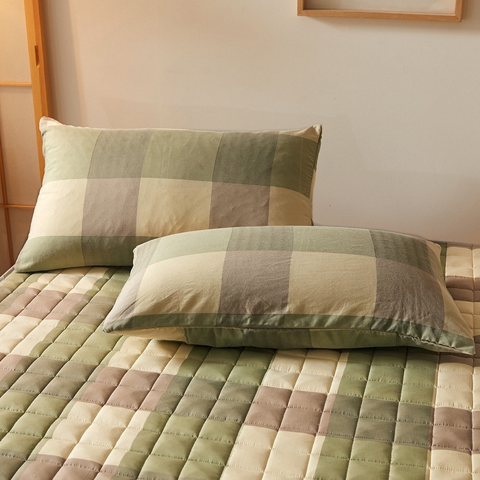 91家纺网 家纺一手货源 找家纺 胜权家纺 2024新款亲肤夹棉格子防水床笠 绿大格