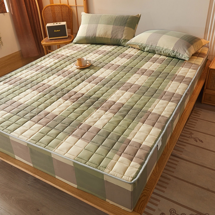 91家纺网 家纺一手货源 找家纺 胜权家纺 2024新款亲肤夹棉格子防水床笠 绿大格