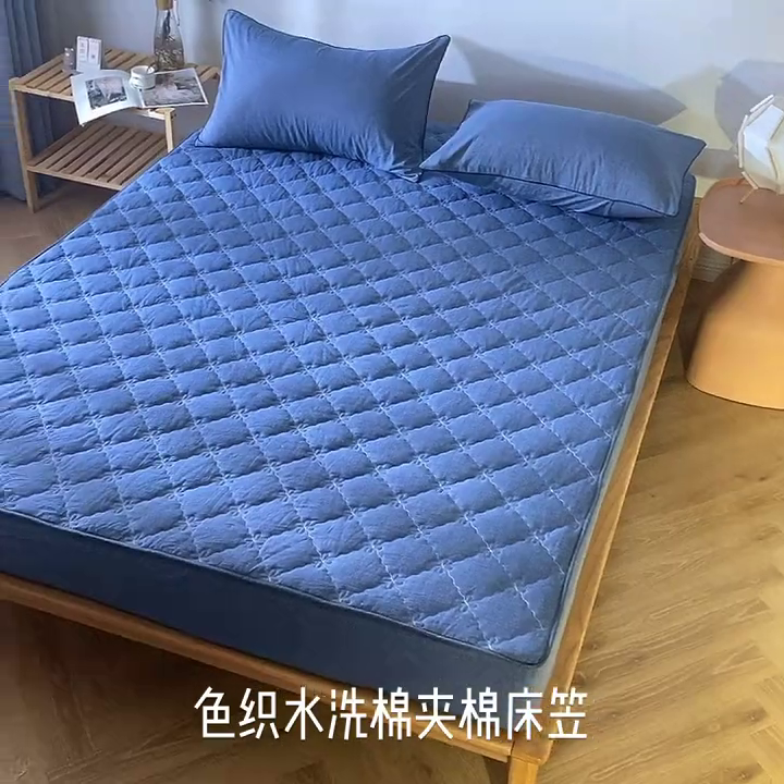 91家纺网 家纺一手货源 找家纺 胜权家纺 2024新款日式全棉色织水洗棉夹棉床笠 牛仔蓝