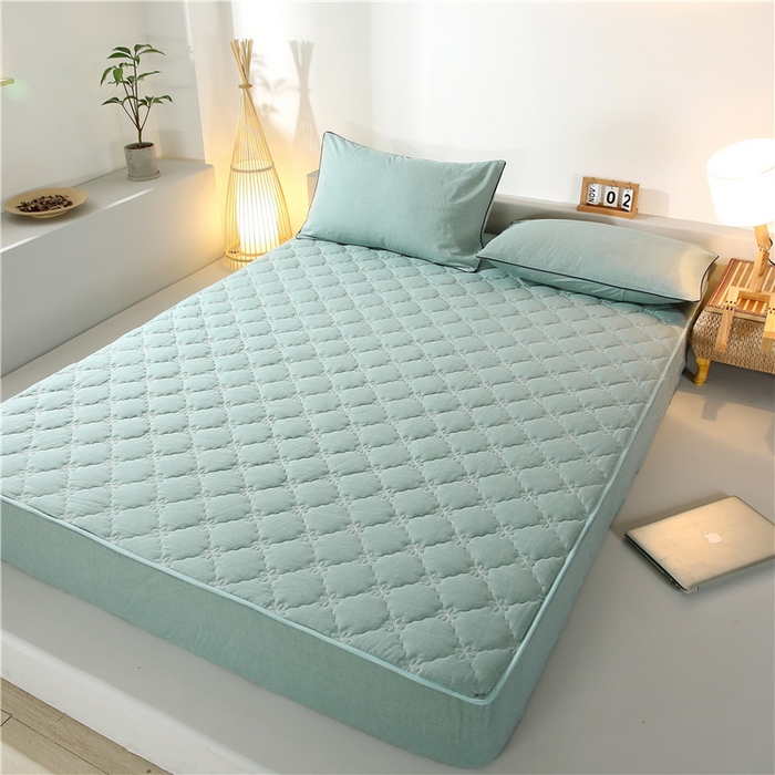 91家纺网 家纺一手货源 找家纺 胜权家纺 2024新款日式全棉色织水洗棉夹棉床笠 兰绿