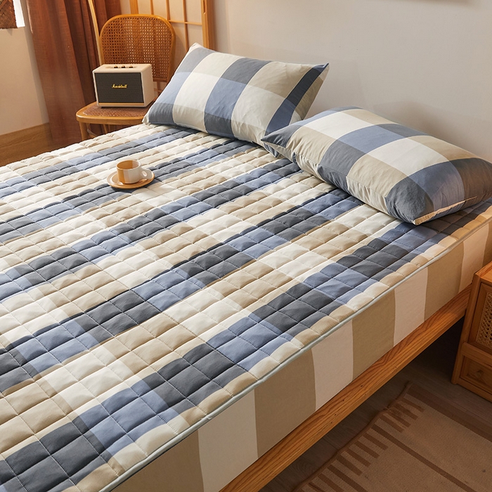 91家纺网 家纺一手货源 找家纺 胜权家纺 2024新款亲肤夹棉格子防水床笠 蓝大格