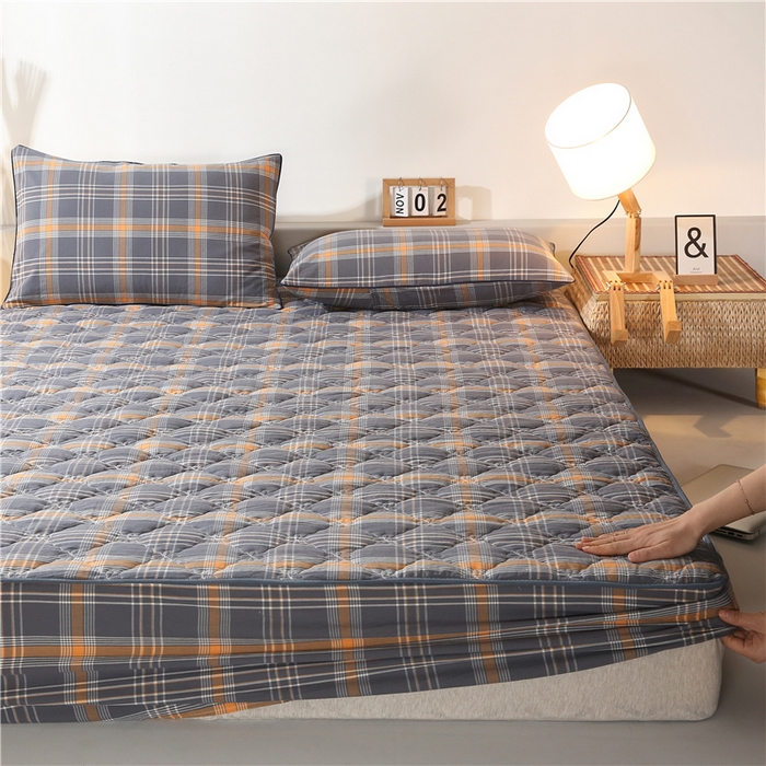 91家纺网 家纺一手货源 找家纺 胜权家纺 2024新款日式全棉色织水洗棉夹棉床笠 映竹(橙灰)