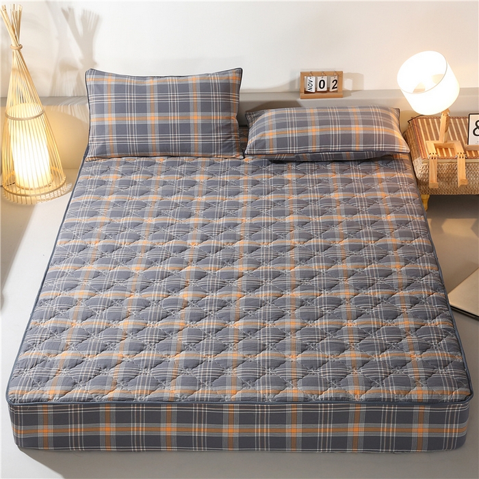 91家纺网 家纺一手货源 找家纺 胜权家纺 2024新款日式全棉色织水洗棉夹棉床笠 映竹(橙灰)