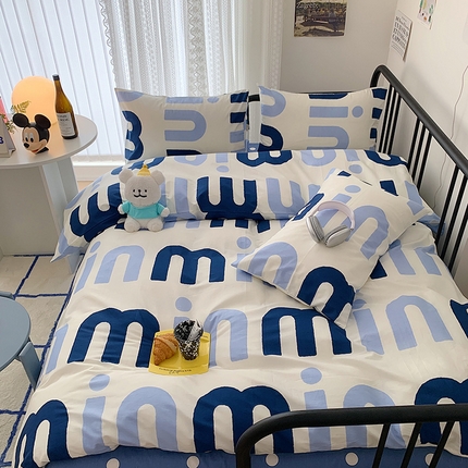 91家纺网 家纺一手货源 找家纺 桃子家居 2023新款ins北欧时尚简约卡通纯棉四件套系列 棉-蓝色字母