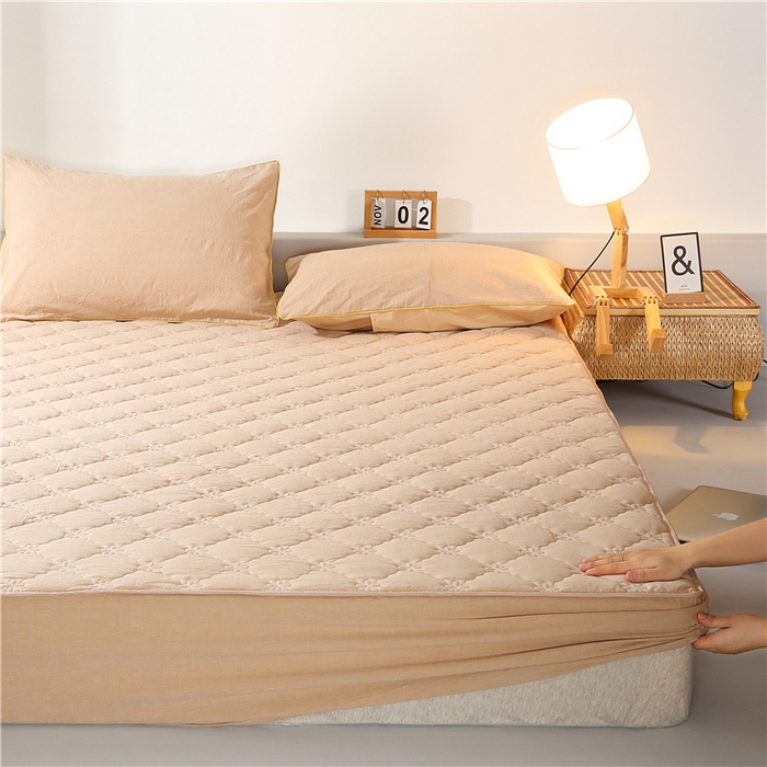 91家纺网 家纺一手货源 找家纺 胜权家纺 2024新款日式全棉色织水洗棉夹棉床笠 浅咖