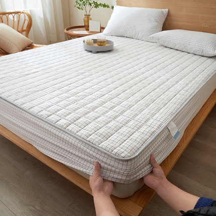 胜权家纺 2024新款亲肤夹棉格子防水床笠 小白格