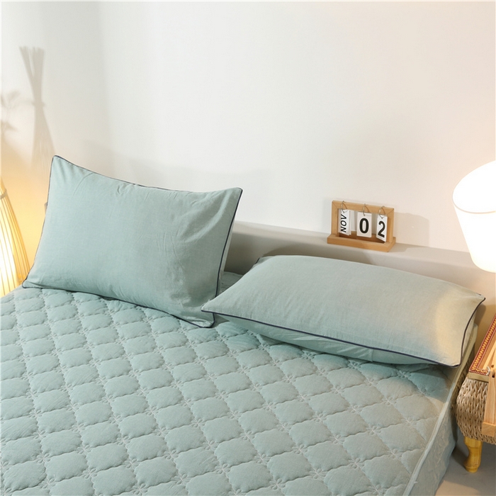 91家纺网 家纺一手货源 找家纺 胜权家纺 2024新款日式全棉色织水洗棉夹棉床笠 兰绿