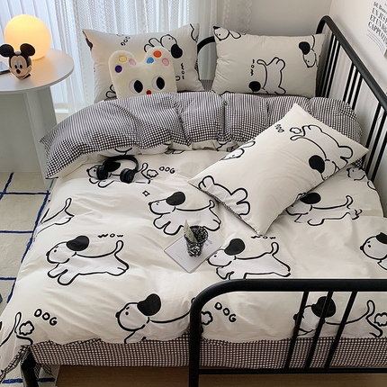 91家纺网 家纺一手货源 找家纺 桃子家居 2023新款ins北欧时尚简约卡通纯棉四件套系列 棉-欢乐小狗