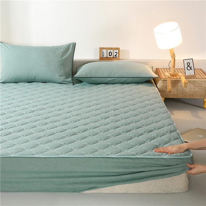 91家纺网 家纺一手货源 找家纺 胜权家纺 2024新款日式全棉色织水洗棉夹棉床笠 兰绿