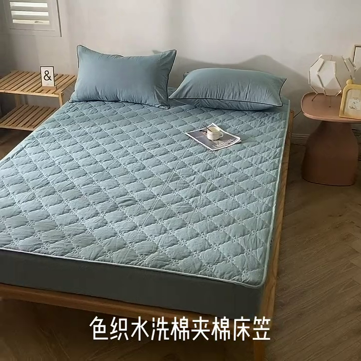 91家纺网 家纺一手货源 找家纺 胜权家纺 2024新款日式全棉色织水洗棉夹棉床笠 兰绿