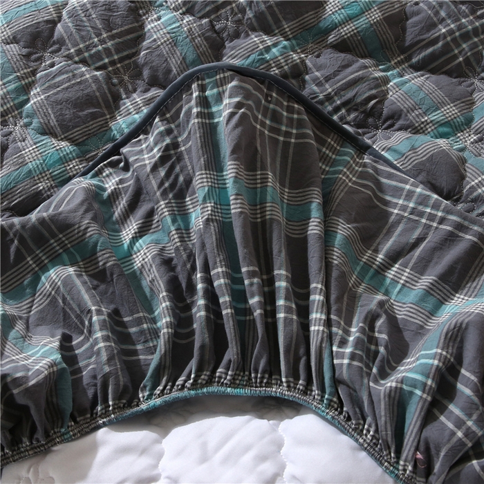 91家纺网 家纺一手货源 找家纺 胜权家纺 2024新款日式全棉色织水洗棉夹棉床笠 映竹(绿灰)