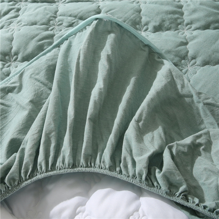 91家纺网 家纺一手货源 找家纺 胜权家纺 2024新款日式全棉色织水洗棉夹棉床笠 兰绿