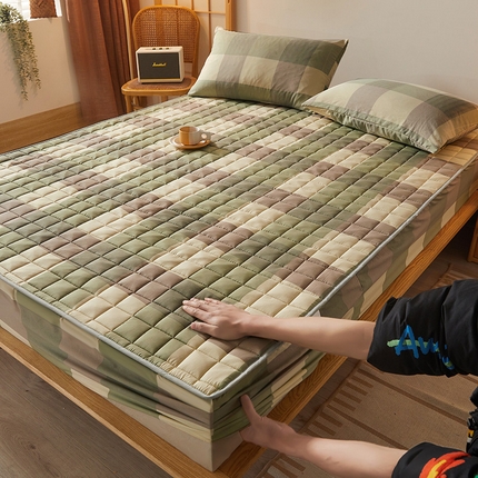 胜权家纺 2024新款亲肤夹棉格子防水床笠 绿大格