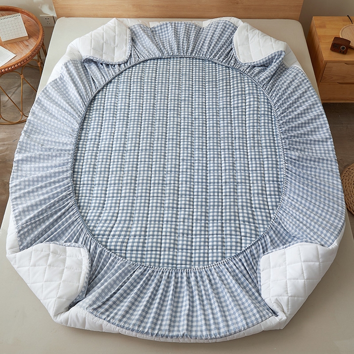 91家纺网 家纺一手货源 找家纺 胜权家纺 2024新款亲肤夹棉格子防水床笠 水兰小格