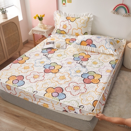 91家纺网 家纺一手货源 找家纺 舒居家纺 2023新款13070全棉夹棉印花床笠系列 七彩花