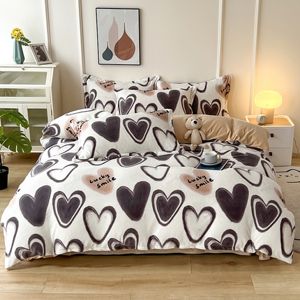 91家纺网 家纺一手货源 找家纺 富之航家纺 2023新款牛奶绒印花四件套 心心相印-棕