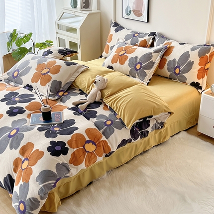 富之航家纺 2023新款牛奶绒印花四件套 花海-橘