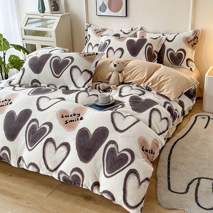 富之航家纺 2023新款牛奶绒印花四件套 心心相印-棕
