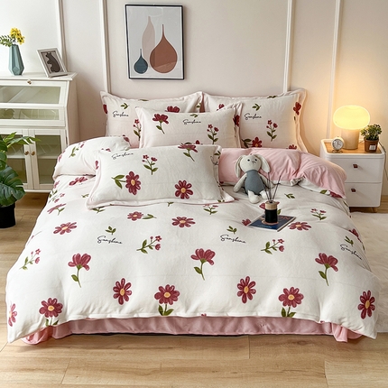 91家纺网 家纺一手货源 找家纺 富之航家纺 2023新款牛奶绒印花四件套 向阳花开-粉