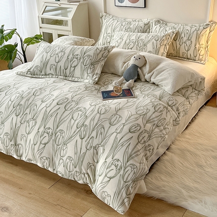 富之航家纺 2023新款牛奶绒印花四件套 淡雅