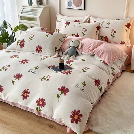 富之航家纺 2023新款牛奶绒印花四件套 向阳花开-粉