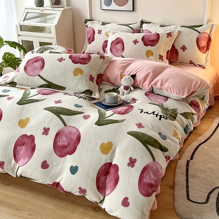 富之航家纺 2023新款牛奶绒印花四件套 郁金香-粉