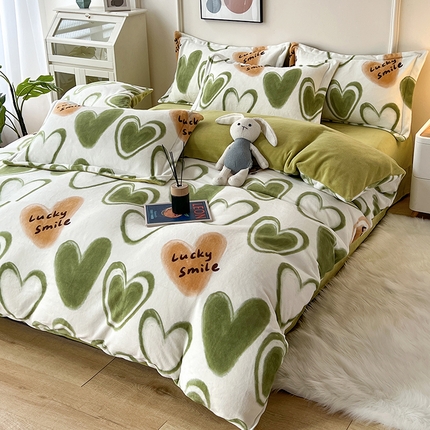 富之航家纺 2023新款牛奶绒印花四件套 心心相印-绿
