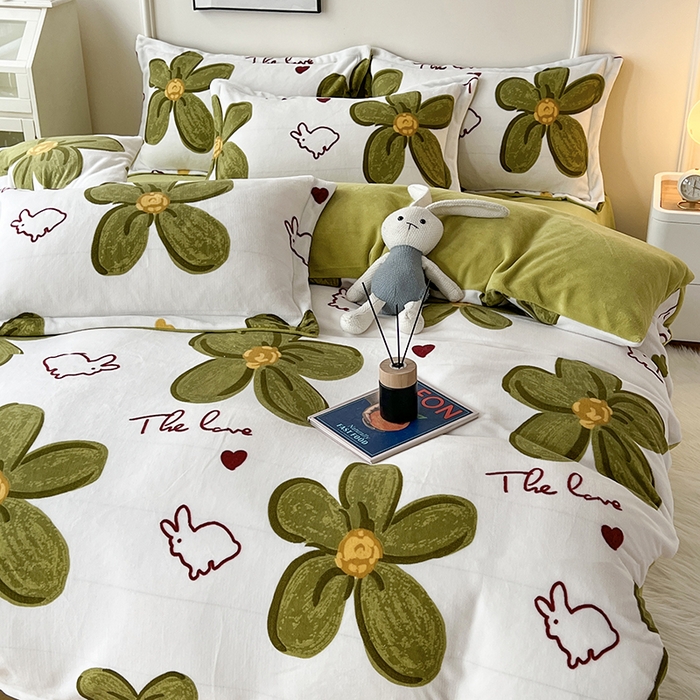 91家纺网 家纺一手货源 找家纺 富之航家纺 2023新款牛奶绒印花四件套 花间小兔