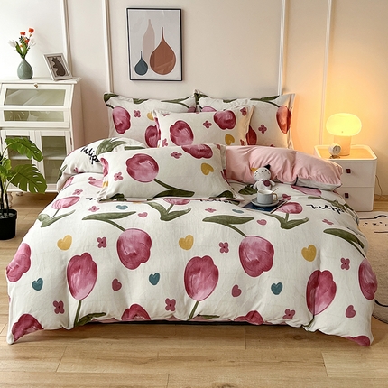 91家纺网 家纺一手货源 找家纺 富之航家纺 2023新款牛奶绒印花四件套 郁金香-粉