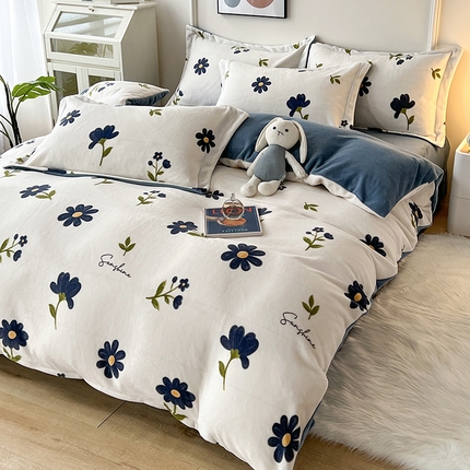 富之航家纺 2023新款牛奶绒印花四件套 向阳花开-蓝