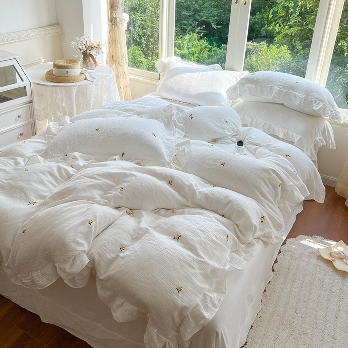 91家纺网 家纺一手货源 找家纺 木楌家居 2024秋冬全棉皱皱纱荷叶边刺绣工艺款四件套 挽秋