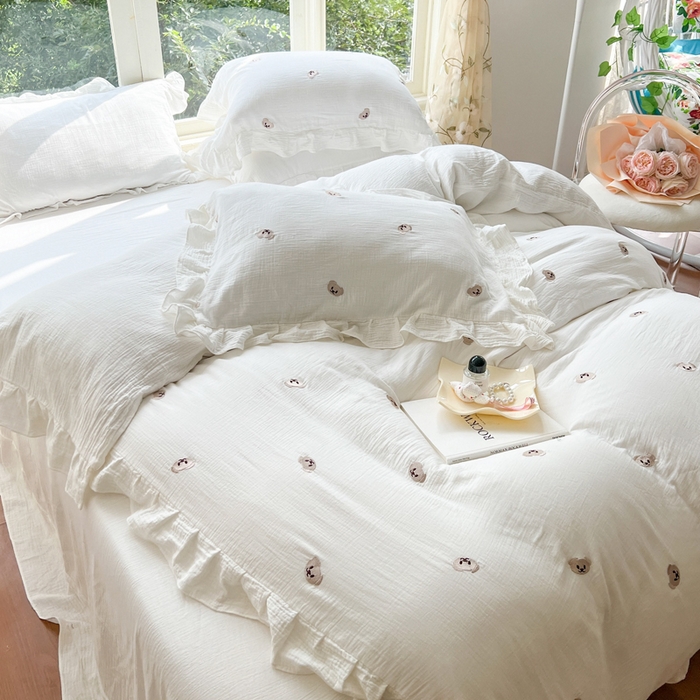 91家纺网 家纺一手货源 找家纺 木楌家居 2024秋冬全棉皱皱纱荷叶边刺绣工艺款四件套 米诺