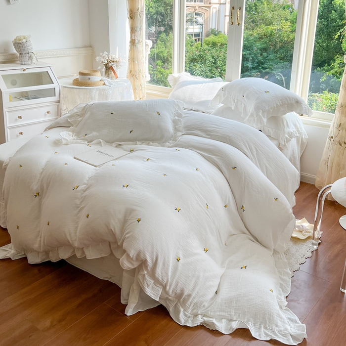 91家纺网 家纺一手货源 找家纺 木楌家居 2024秋冬全棉皱皱纱荷叶边刺绣工艺款四件套 挽秋