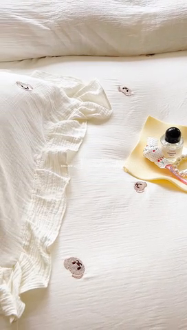 91家纺网 家纺一手货源 找家纺 木楌家居 2024秋冬全棉皱皱纱荷叶边刺绣工艺款四件套 米诺