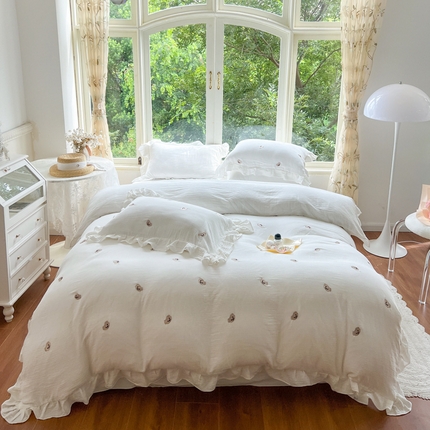 木楌家居 2024秋冬全棉皱皱纱荷叶边刺绣工艺款四件套 米诺