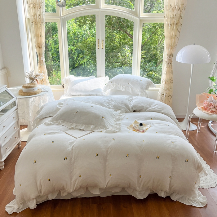 91家纺网 家纺一手货源 找家纺 木楌家居 2024秋冬全棉皱皱纱荷叶边刺绣工艺款四件套 挽秋