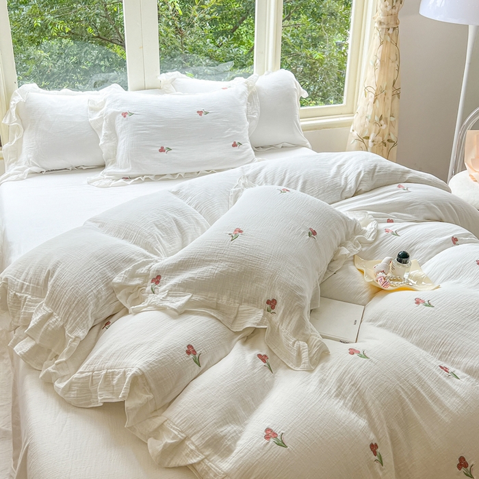 91家纺网 家纺一手货源 找家纺 木楌家居 2024秋冬全棉皱皱纱荷叶边刺绣工艺款四件套 伊人