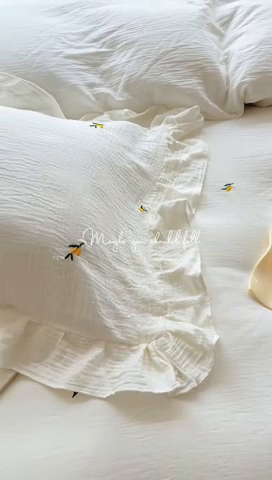 91家纺网 家纺一手货源 找家纺 木楌家居 2024秋冬全棉皱皱纱荷叶边刺绣工艺款四件套 挽秋