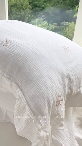 91家纺网 家纺一手货源 找家纺 木楌家居 2024秋冬全棉皱皱纱荷叶边刺绣工艺款四件套 知梦