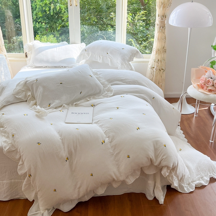 91家纺网 家纺一手货源 找家纺 木楌家居 2024秋冬全棉皱皱纱荷叶边刺绣工艺款四件套 挽秋