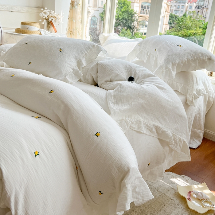 91家纺网 家纺一手货源 找家纺 木楌家居 2024秋冬全棉皱皱纱荷叶边刺绣工艺款四件套 挽秋