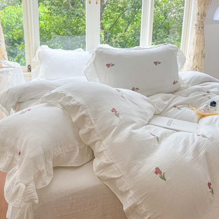 91家纺网 家纺一手货源 找家纺 木楌家居 2024秋冬全棉皱皱纱荷叶边刺绣工艺款四件套 伊人