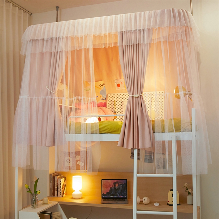 91家纺网 家纺一手货源 找家纺 卓尔居 2025新款浪漫学生宿舍雪尼尔交织工艺蕾丝幔纱U型导轨蚊帐-茜茜公主 茜茜公主-粉