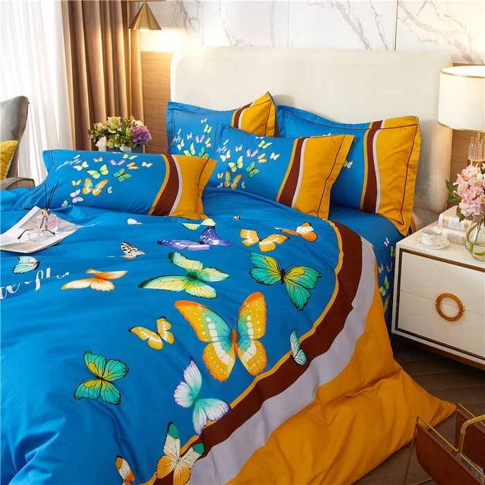 91家纺网 家纺一手货源 找家纺 沐白家居 2023全棉大版生态磨毛四件套 彩蝶飘飘-兰