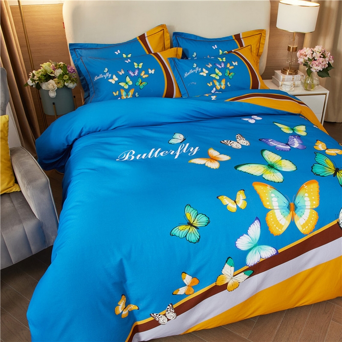 91家纺网 家纺一手货源 找家纺 沐白家居 2023全棉大版生态磨毛四件套 彩蝶飘飘-兰