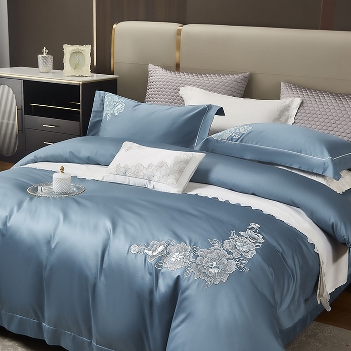 91家纺网 家纺一手货源 找家纺 爱情故事 2025新款100支新疆长绒棉刺绣四件套 花魅-蓝