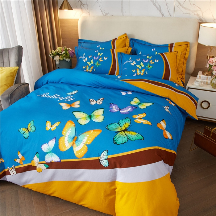 91家纺网 家纺一手货源 找家纺 沐白家居 2023全棉大版生态磨毛四件套 彩蝶飘飘-兰