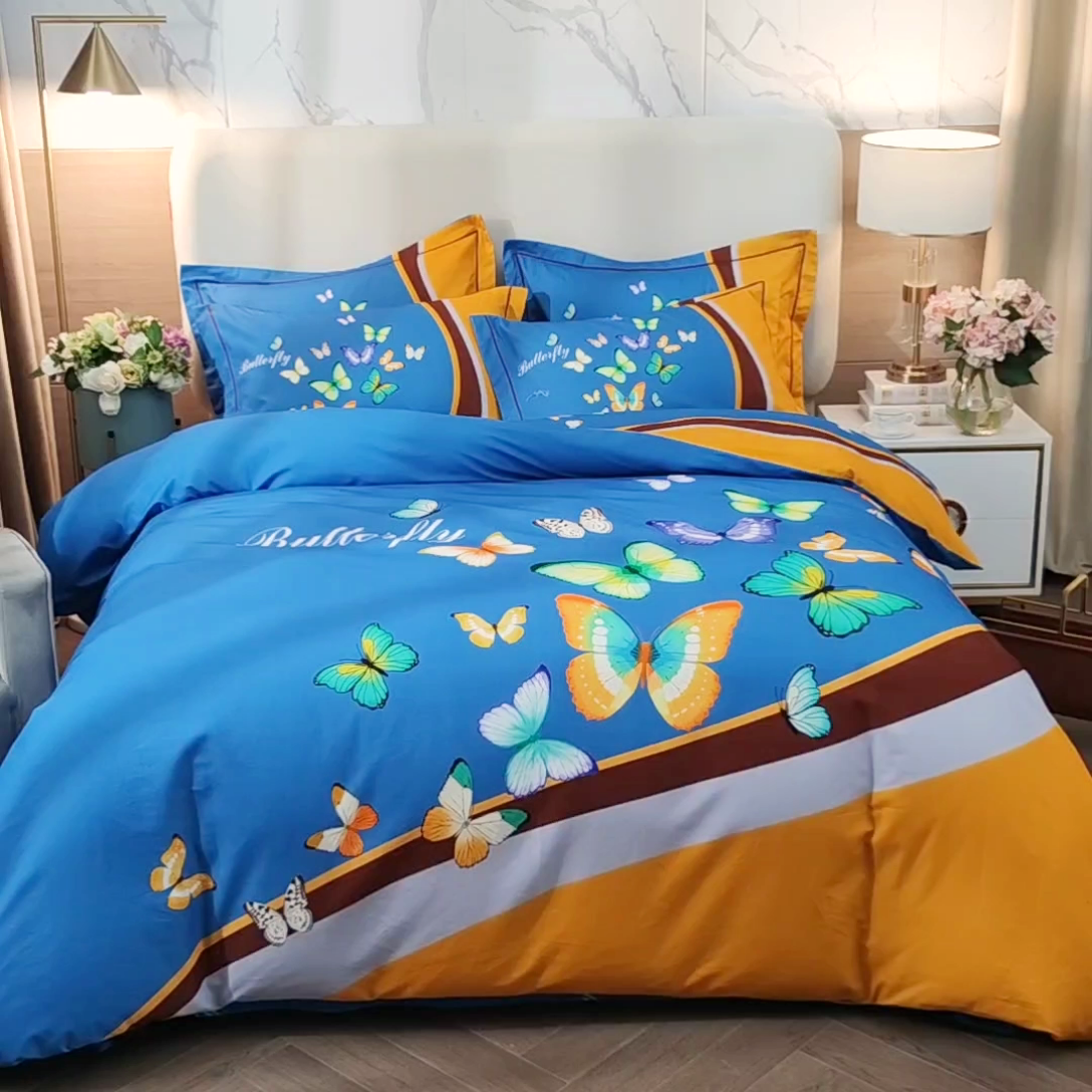 91家纺网 家纺一手货源 找家纺 沐白家居 2023全棉大版生态磨毛四件套 彩蝶飘飘-兰