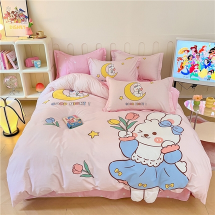 孩子王家纺 2023新款全棉卡通学生活性印花大版工艺款四件套 晚安兔